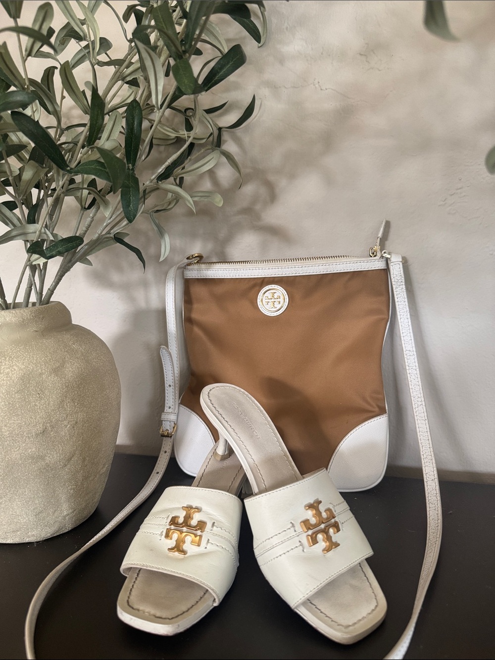 Tory Burch White Trim Tan Crossbody With Matching White Kitten Heels (Set)